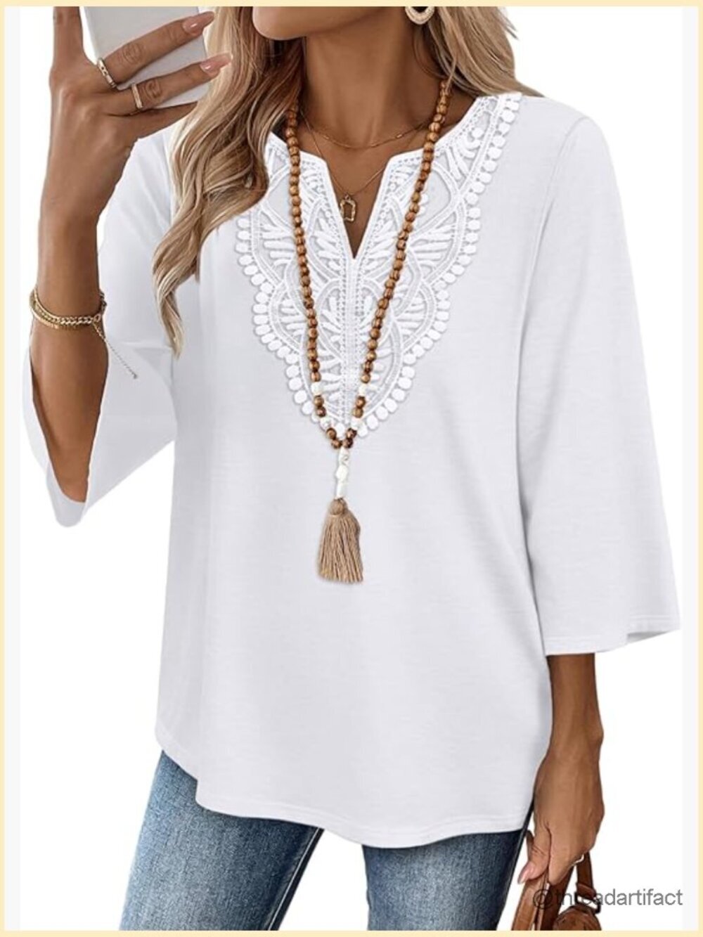 Boho V-Neck Lace 3/4 Sleeve Tunic Blouse Dressy Casual Top S-3XL